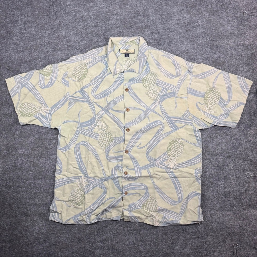 Tommy Bahama Silk Short Sleeve Camp Shirt Mens XL Pineapple Ribbon AOP Sage